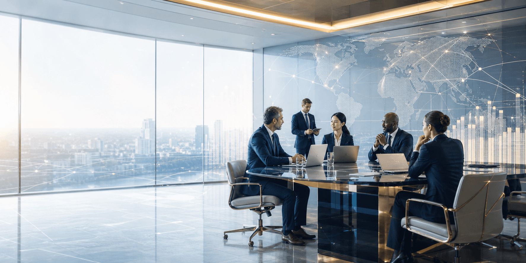 Business professionals collaborating in a modern global technology office